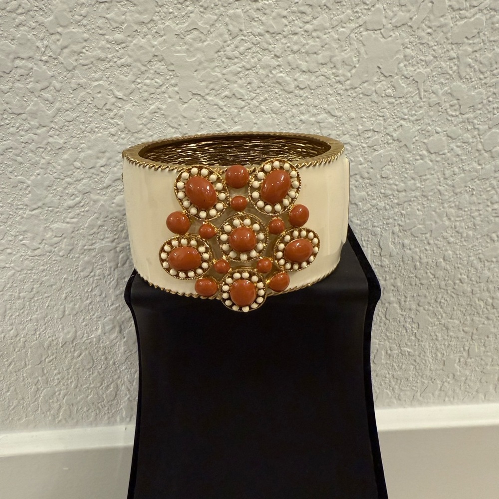 Cream and Orange Beaded Cuff Bracelet
